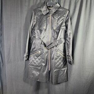 Green Envy Quilted‎ Black Trench Coat Belted Hooded Full Zip Women's Medium